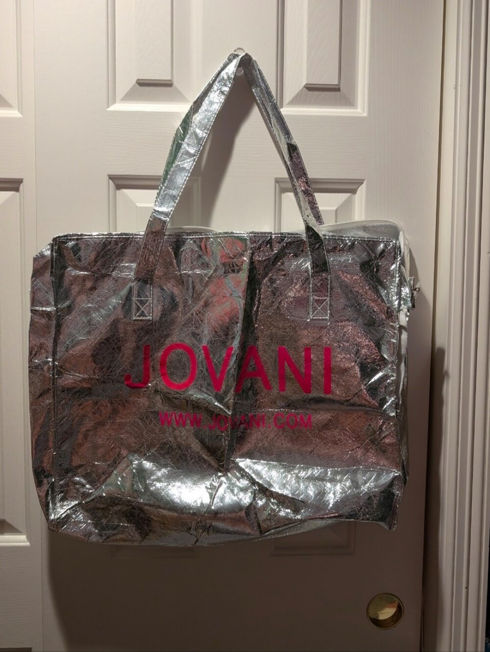 Jovani Silver Metallic Tote with Hot Pink Logo